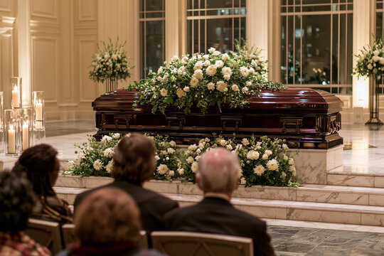 A funeral service takes place inside a spacious hall with cream colored walls and marble flooring and a polished dark mahogany casket.