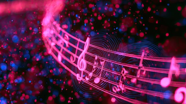 Neon musical notes swirl with glowing particles against dark background