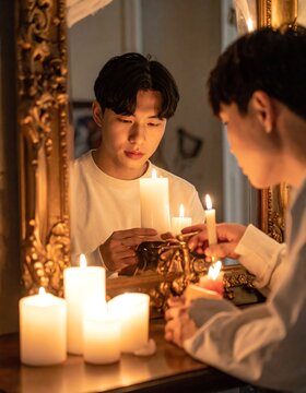 Young man holding a lit candle in front of an antique mirror with other candles reflecting