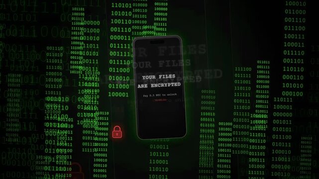 Digital Ransomware Attack Animation with Encrypted Files Message on Smartphone and Binary Code Background