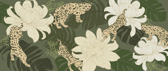 Tropical jungle wallpaper vector with elegant leopards, blooming white chrysanthemums and lush green botanical leaves. Exotic wildlife background for fabric, textile, packaging and interior decor. © TWINS DESIGN STUDIO