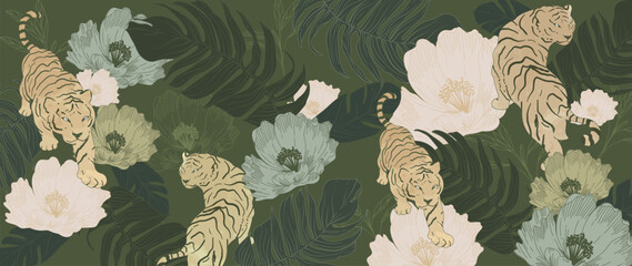 Tropical jungle wallpaper vector with elegant tigers, blooming flowers and lush dark green botanical leaves. Exotic wildlife background for fabric, textile, packaging and interior decor. © TWINS DESIGN STUDIO