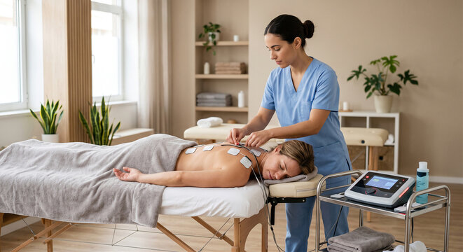 Female practitioner in blue scrubs applying electrode pads to a woman's upper back for electrical muscle stimulation therapy.