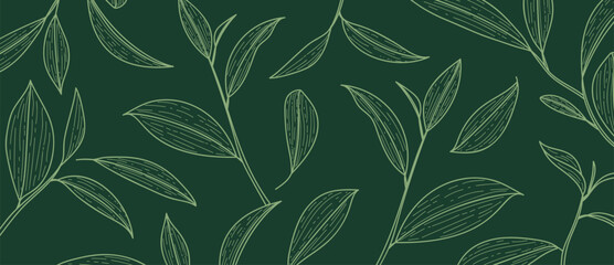 Fototapeta premium Matcha green tea botanical background vector with hand drawn tea leaves on deep green backdrop. Elegant natural design for beverage packaging, cafe branding, menu, label and wellness products.