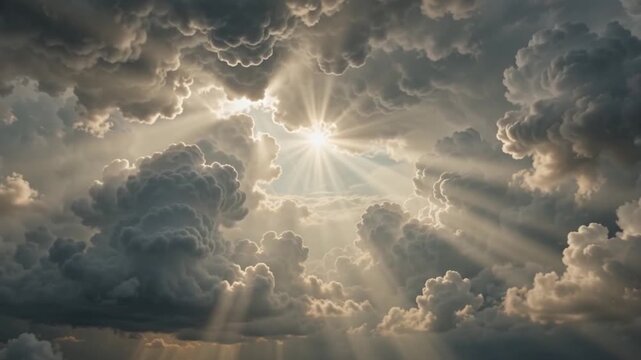 Dramatic Sun Rays Breaking Through Dark Cumulus Storm Clouds, Celestial Heavenly Light Beam Sky Background, Spiritual Hope Sunburst

 