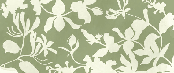 Naklejka premium Elegant botanical floral background vector with cream flower and leaf silhouettes on soft sage green backdrop. Minimal nature design for wallpaper, fabric, textile, packaging and interior decor.