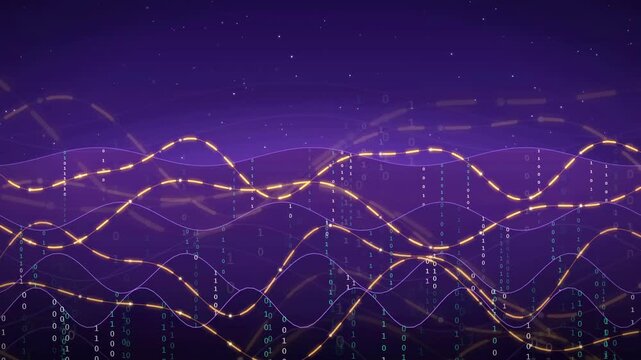 Abstract digital data visualization with flowing golden waves and binary code on purple background
