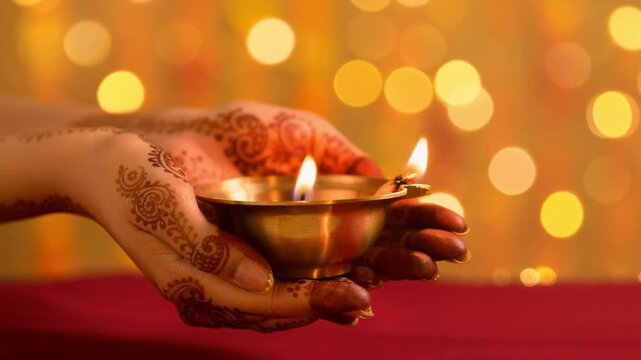 Traditional Indian hands with henna holding a glowing diya lamp for festive celebration