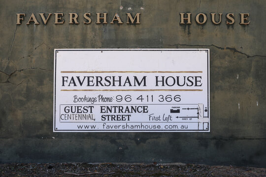 York, Western Australia, Australia - August 2 2026: Sign, historic heritage listed Faversham House. Colonial style residence and hotel in oldest inland town of WA. Wheatbelt, Avon Valley