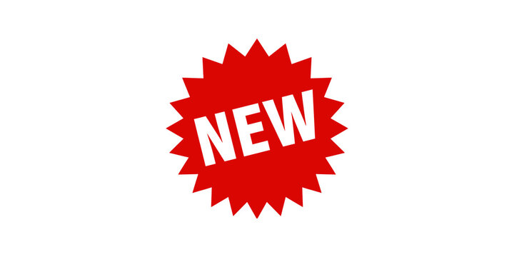 Red starburst sign with white text NEW for promotions product launches and special offers.