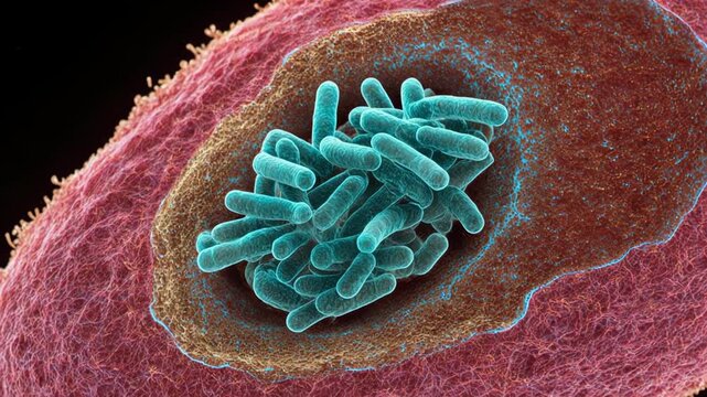 Bacterium colony multiplying inside human host cell vacuole, showing rod shaped bacillus pathogen invasion, microbiology disease research, microscopic biology laboratory study.