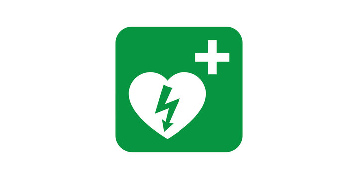 Green square icon with a heart and lightning bolt, representing an automated external defibrillator (AED) for medical emergencies and first aid.