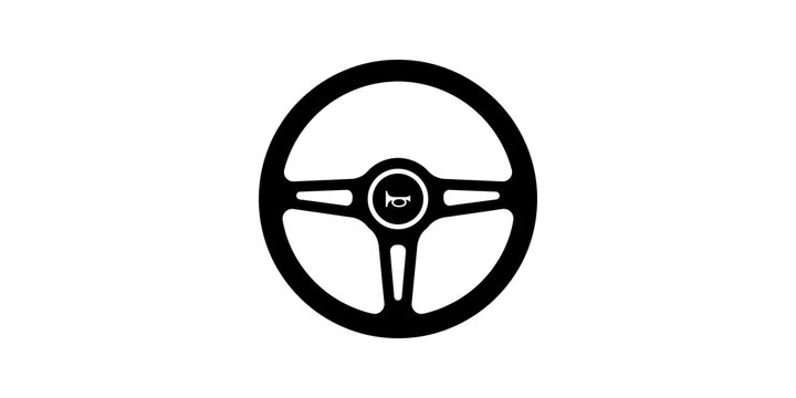Black silhouette of a car steering wheel with a horn button, ideal for automotive-themed designs, driving school logos, or transport illustrations.