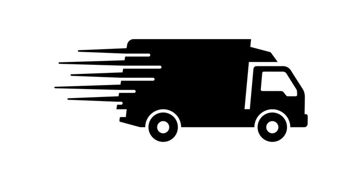 Delivery truck icon featuring fast speed motion blur lines black silhouette vehicle for logistics shipping transportation or express freight services on transparent.