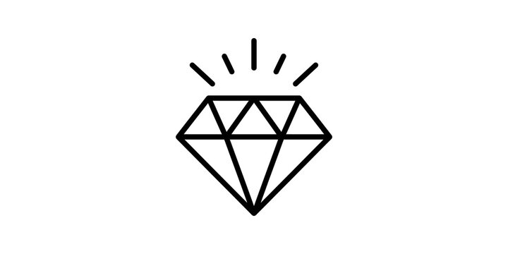 Diamond gem icon with sparkle rays black line art representing luxury jewelry wealth success or precious stones design element isolated on transparent background.
