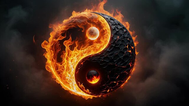 Fiery yin yang symbol glowing with intense flames and molten textures against dark smoky background