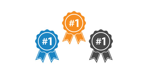 Fototapeta premium Three number one award ribbons in blue orange and dark gray colors for competition winner trophy achievement symbols and ranking success recognition graphic set.