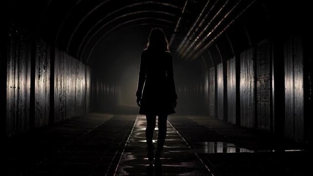 Silhouette of a woman walking alone in a dark tunnel with dramatic lighting and moody atmosphere