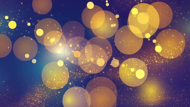 Abstract glowing golden bokeh lights on dark blue background with sparkling particles festive decorative effect