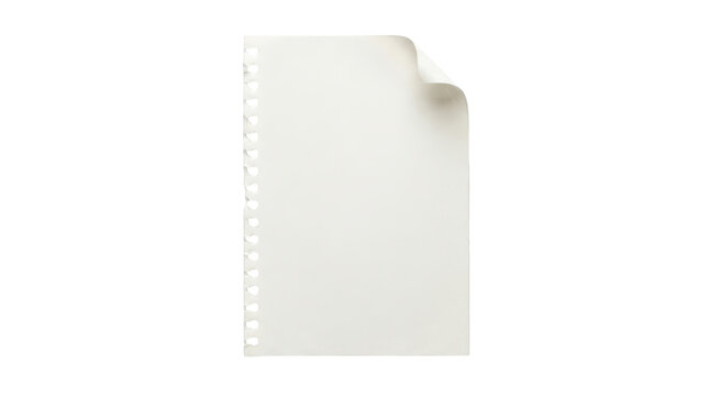 Blank spiral notebook page with curled corner isolated on transparent background