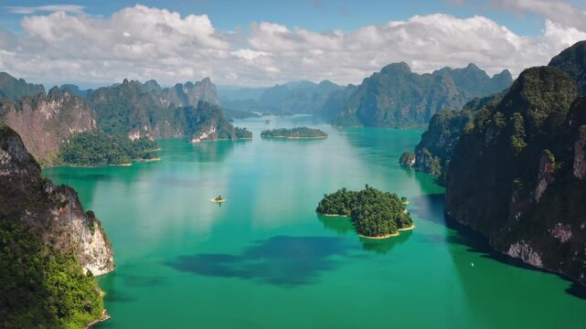 Amazing beauty of Khao Sok National Park, Thailand. Expansive aerial view of Cheow Lan Lake with its iconic turquoise water dotted by numerous lush, green limestone karst formations. Aerial flight