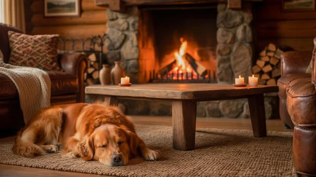Cozy living room with a golden retriever sleeping by a warm stone fireplace and wooden coffee table