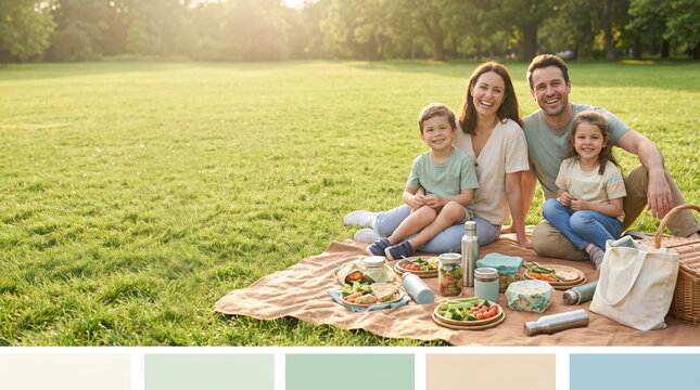 Family enjoying an eco-friendly picnic with reusable products in an outdoor setting
