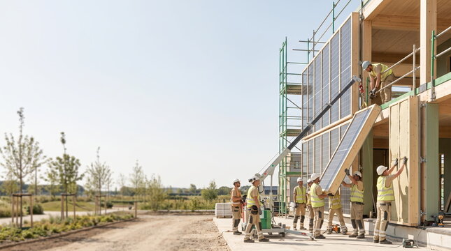 Sustainable construction workers installing energy-efficient systems in eco-friendly building