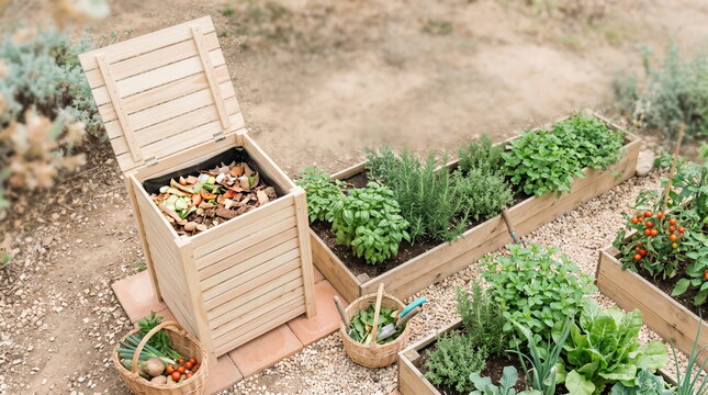 Zero Waste Bathroom with Refillable Personal Care Products and Compost Bin in Garden