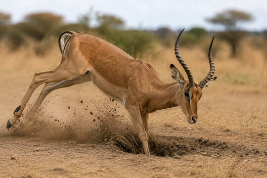 Antelope running with leg caught in hole, kicking up dust on savanna.