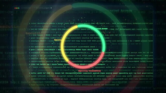 Abstract digital data stream with glowing colorful circles and scrolling computer code on black background