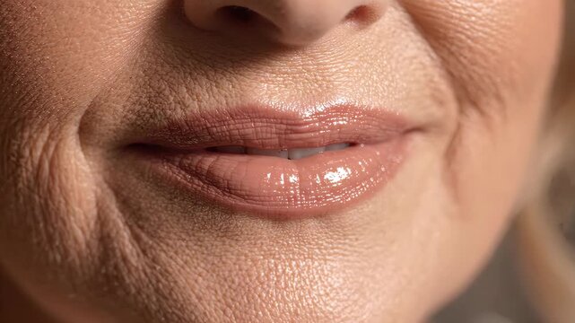 Close-up of mature woman smiling with glossy nude lips. Authentic beauty and skincare concept with natural wrinkles. Soft bridal makeup detail