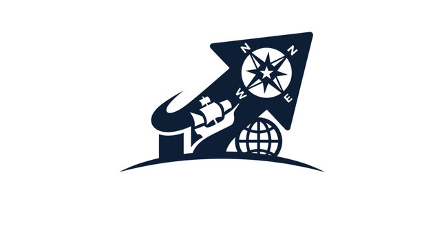 Abstract nautical navigation logo design with ship compass and globe.