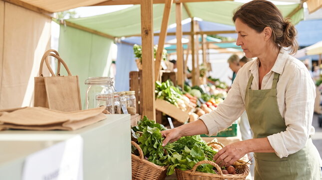 Woman selecting fresh vegetables at a sustainable grocery market