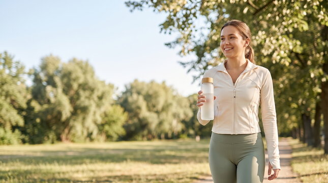 Woman holding a reusable water bottle in an outdoor healthy lifestyle setting