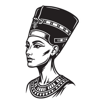 Queen Nefertiti Egyptian Goddess Portrait Vector Illustration Minimalist Tribal Tattoo Design Monochromatic Stencil Template Clipart SVG, EPS.