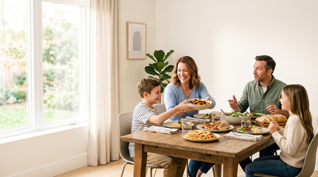 Family enjoying dinner together with engaging conversation