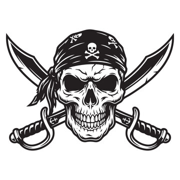 Vintage Pirate Skull Vector Illustration with Bandana Jolly Roger and Crossed Cutlass Swords Emblem Logo Design Graphic Artwork for T-Shirt Printing.