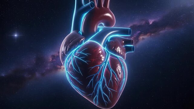 Detailed 3D illustration of human heart with glowing veins and arteries in space background for medical concept