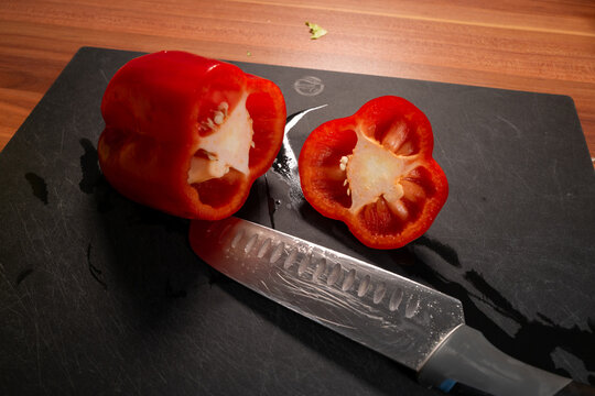 Sliced Red Bell Pepper Showing Seeds and Interior
