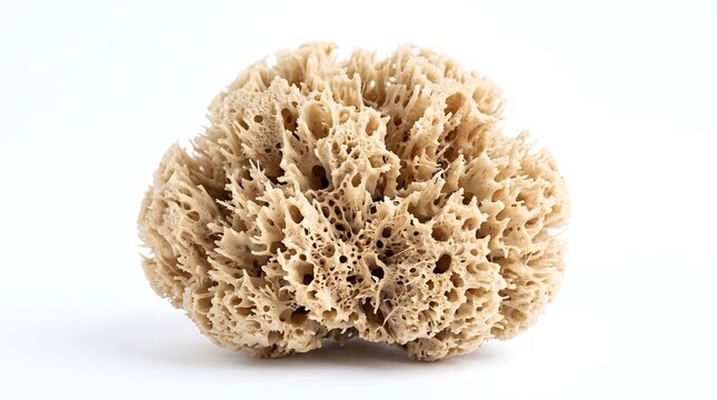 Natural marine sponge, irregular organic shape with countless interconnected pores and channels, isolated on white