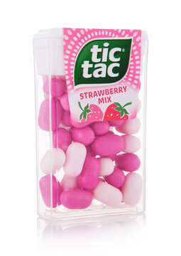 LONDON,UK - SEPTEMBER 10,2025: Tic Tac strawberry mix flavour drage candies in on white background.