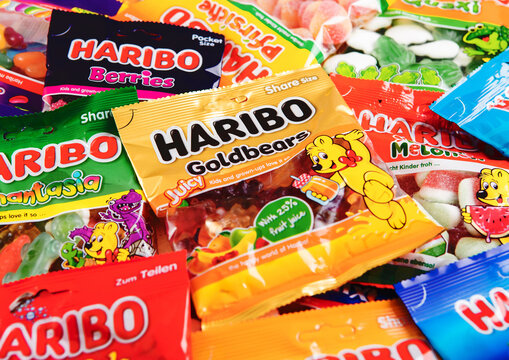 LONDON, UK - APRIL 09, 2026: Various assorted mix of Haribo jelly candies with various taste and flavoures.Top view.