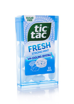 LONDON,UK - SEPTEMBER 20,2025: Tic Tac Fresh strong mint drage candies with cooling crystals on white background.