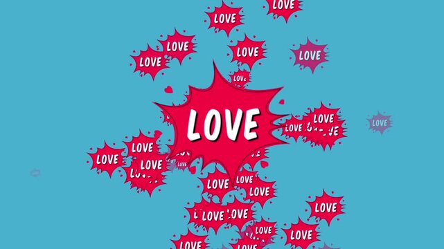 Hand-drawn red love word with hearts exploding in vibrant blue background for Valentine's Day and romance campaigns