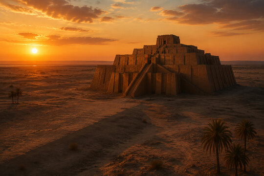 An ancient ziggurat on a desert plain at dusk, casting a long shadow under a warm sunset.