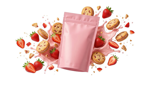 Pink pouch mockup with strawberry cookies and milk splash isolated on transparent background