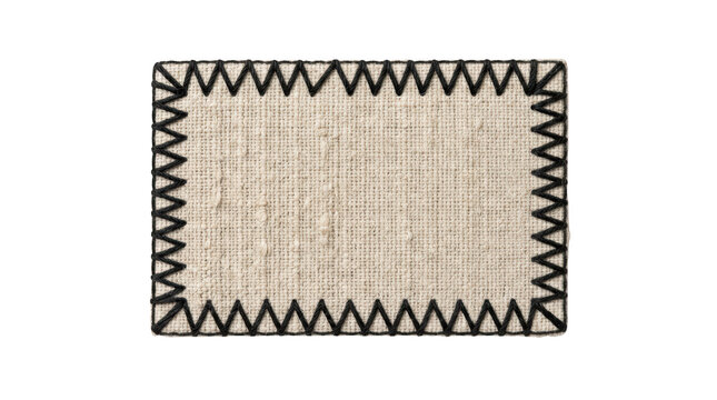 Textile fabric patch with black zigzag stitching isolated on transparent background