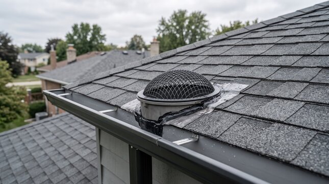 Closeup view of a roof vent with a metal dome cover