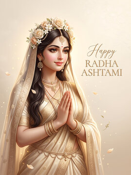 Elegant woman in traditional attire with floral headpiece with posed serene namaste greeting attire intricate jewelry depicts graceful woman